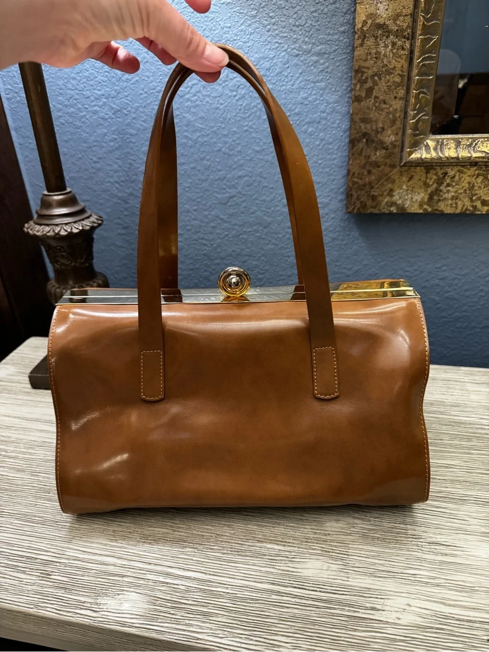 Alberta Di Canio Stecca Tan Leather Satchel with Gold Hardware